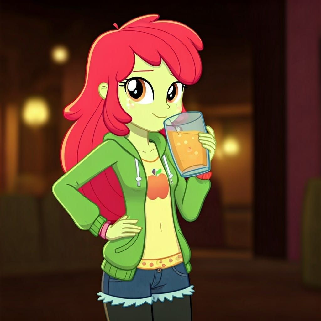 Applebloom Inspired Character Enjoying Cider in Cinematic St...