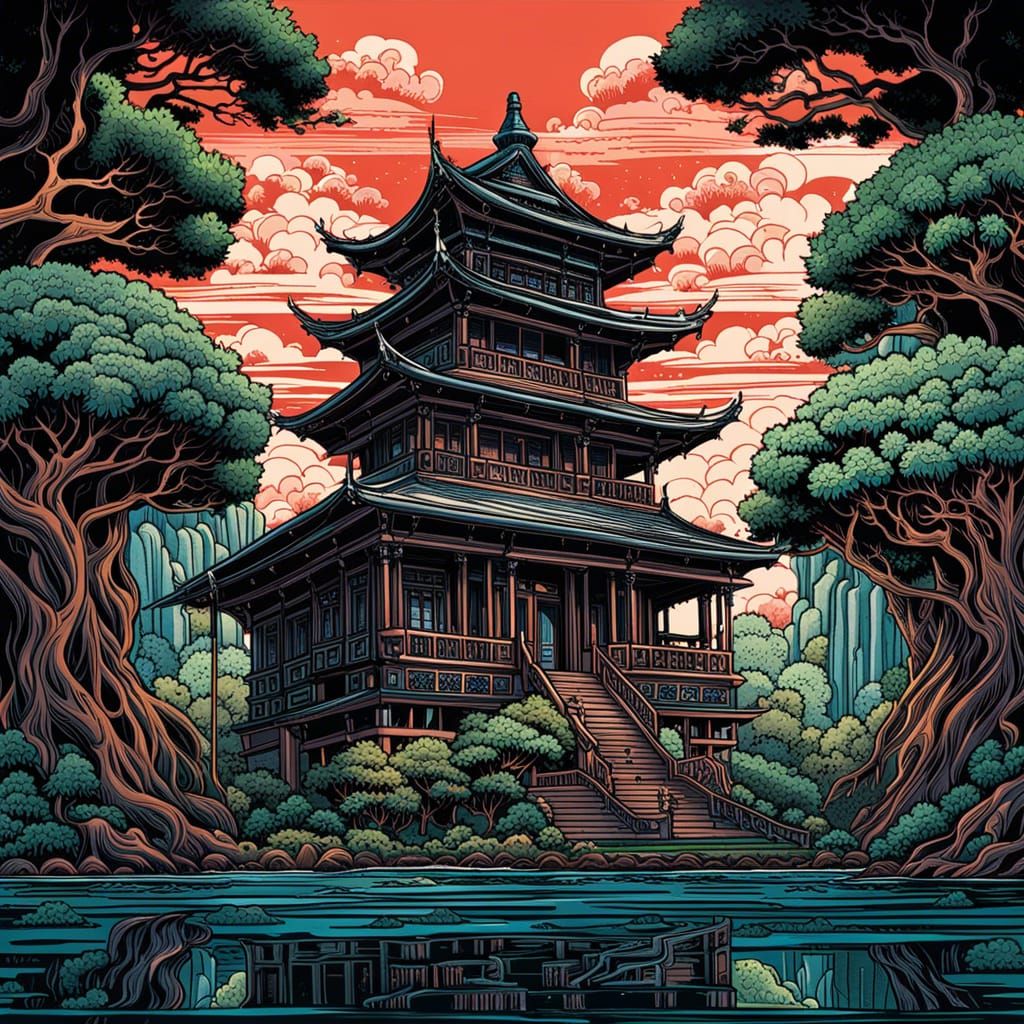 Gothic Japanese Mansion in Hawaiian Lowlands, Anime Art