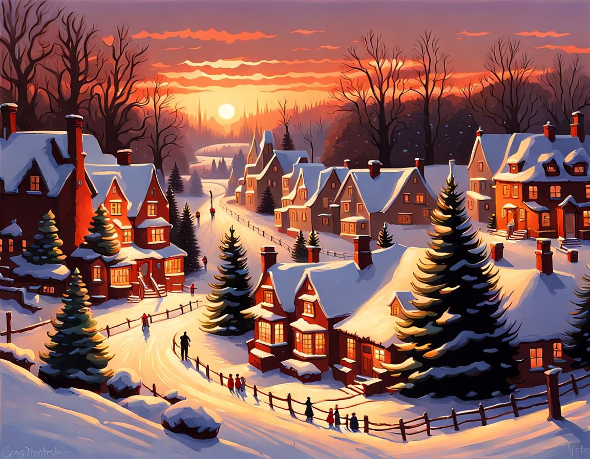 Victorian Christmas Village in Snow, Painterly Style