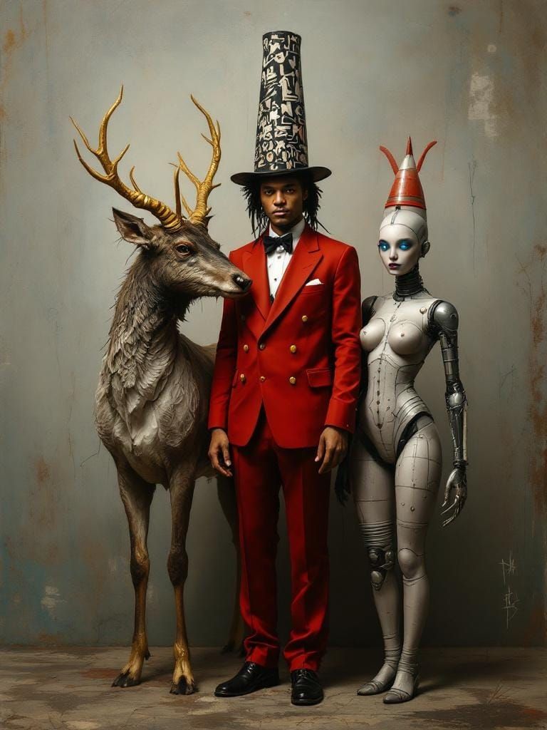Figures in Basquiat-Twombly Style: Deer, Man, Robot