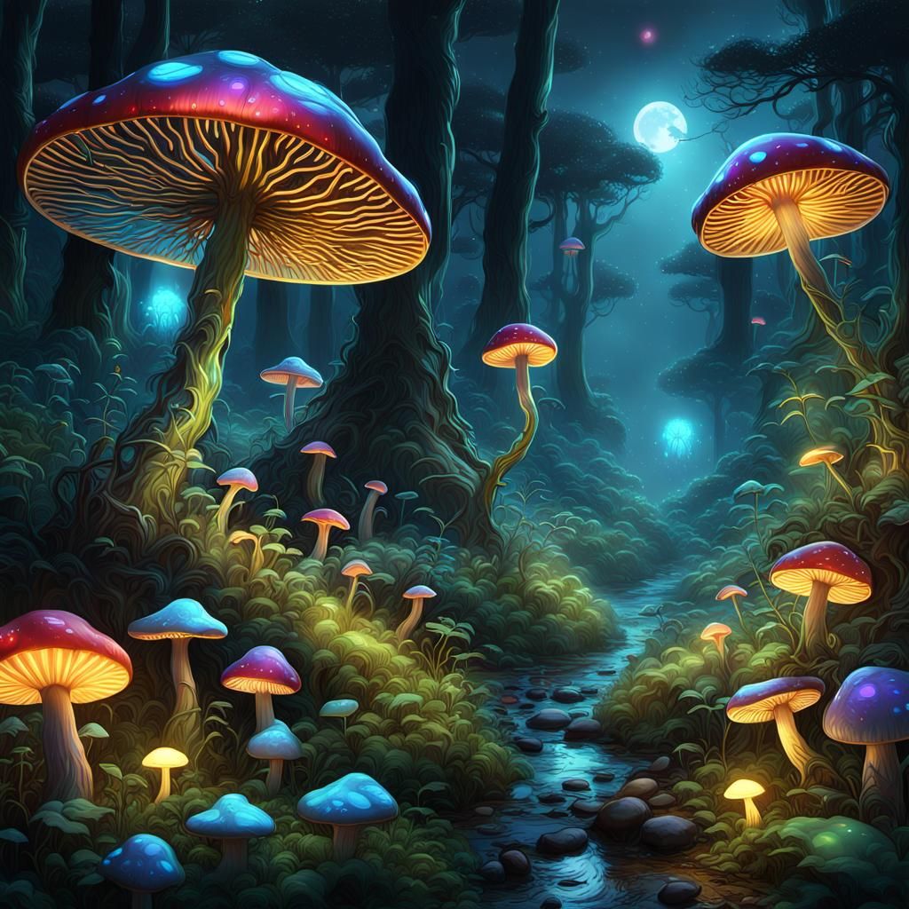 Fantasy Mushroom Forest at Night in Detailed Matte Painting