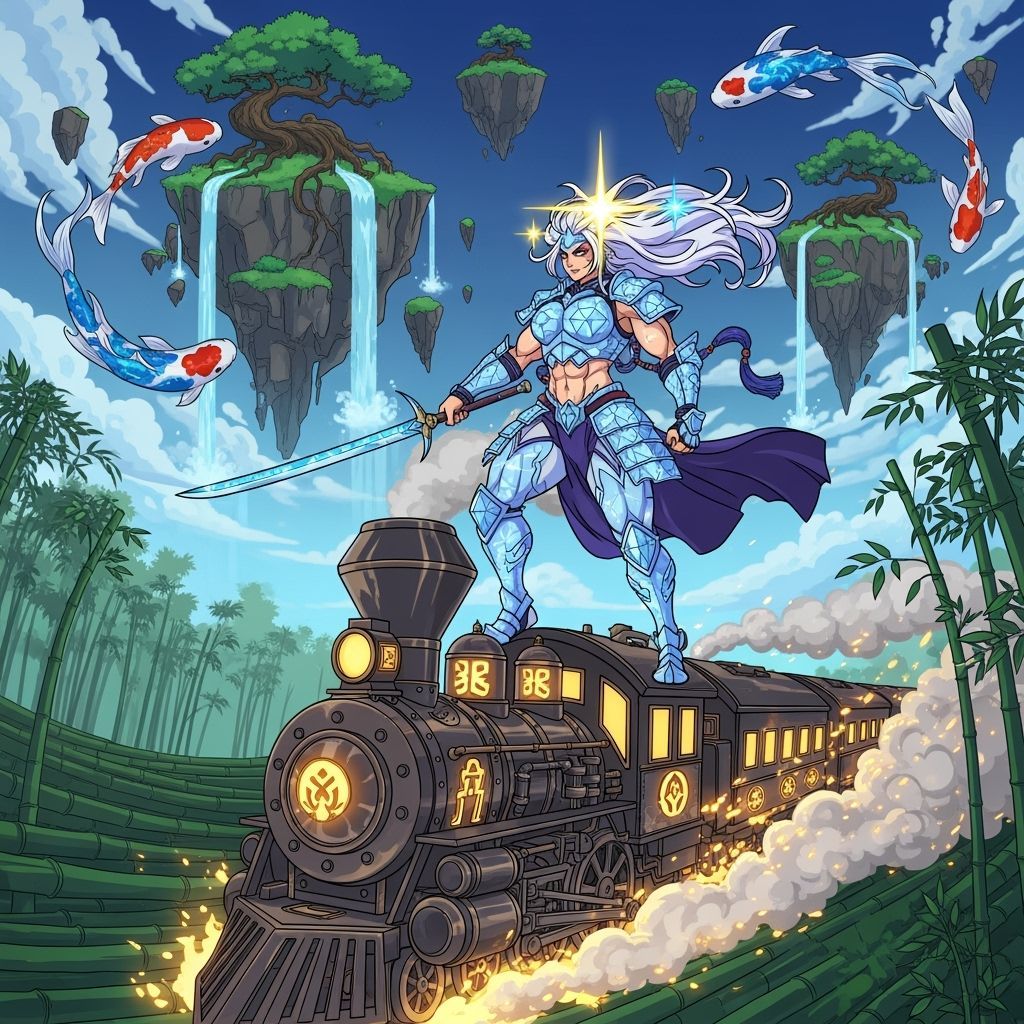 Anime Kunoichi on Steampunk Train in Cel-Shaded Style