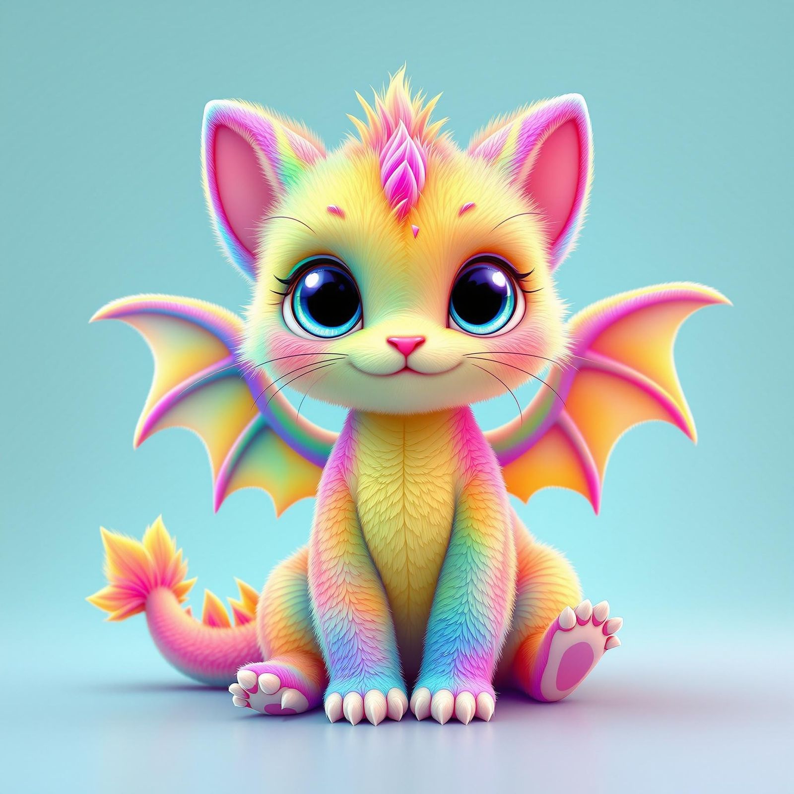 Rainbow Dragon-Kitten Hybrid in Lisa Frank Style