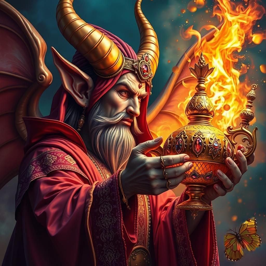 Djinn with Magic Lamp in Hyperrealistic Style