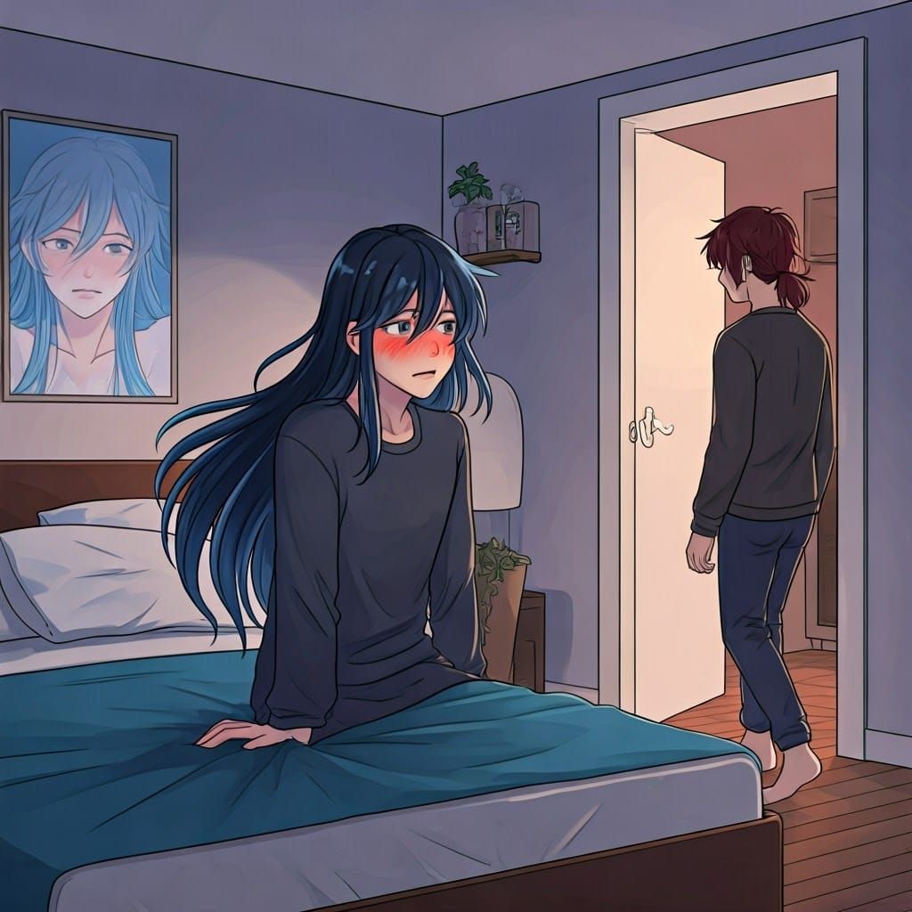 Blushing Man with Neon Hair in Bedroom