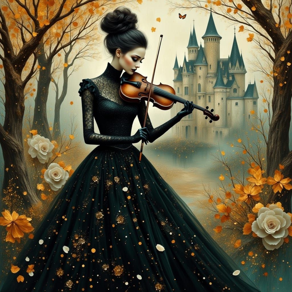 Gothic Vampire Playing Violin in Dreamlike Garden