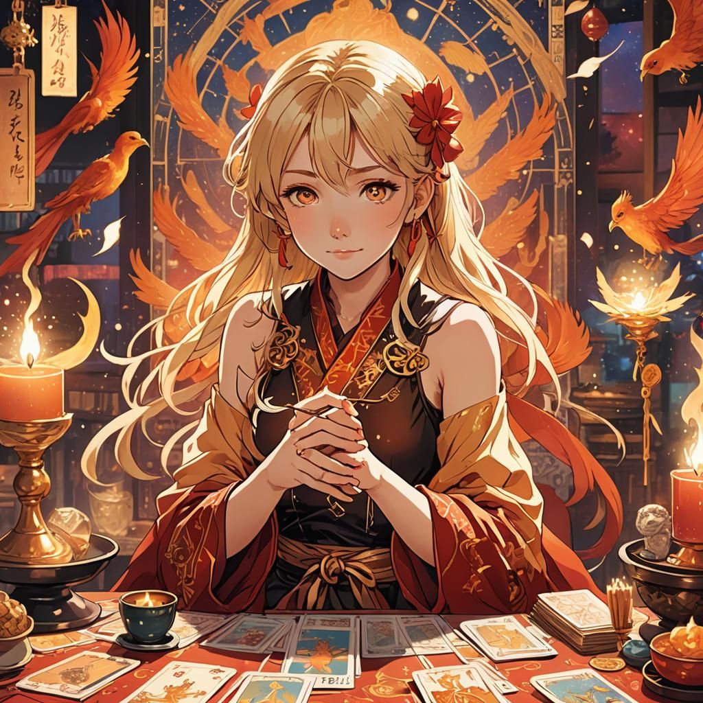 Anime Tarot Reader with Phoenix Ribbon