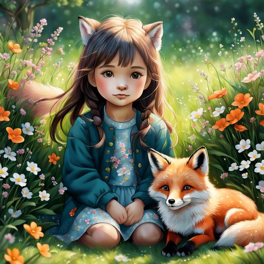 Vibrant Girl and Fox in Whimsical Garden Scene