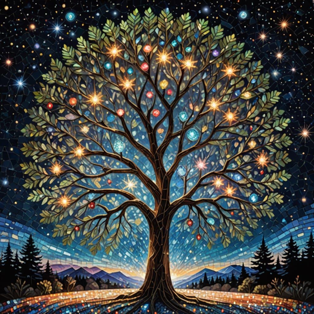 Ethereal Glass Mosaic Tree in Cosmic Aesthetic