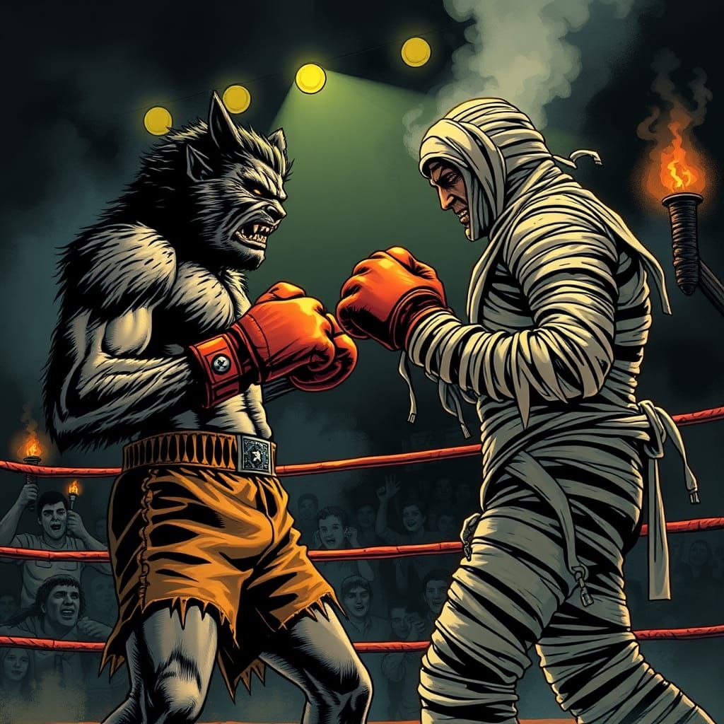 Wolfman vs Mummy Boxing Match in Pulp Art Style