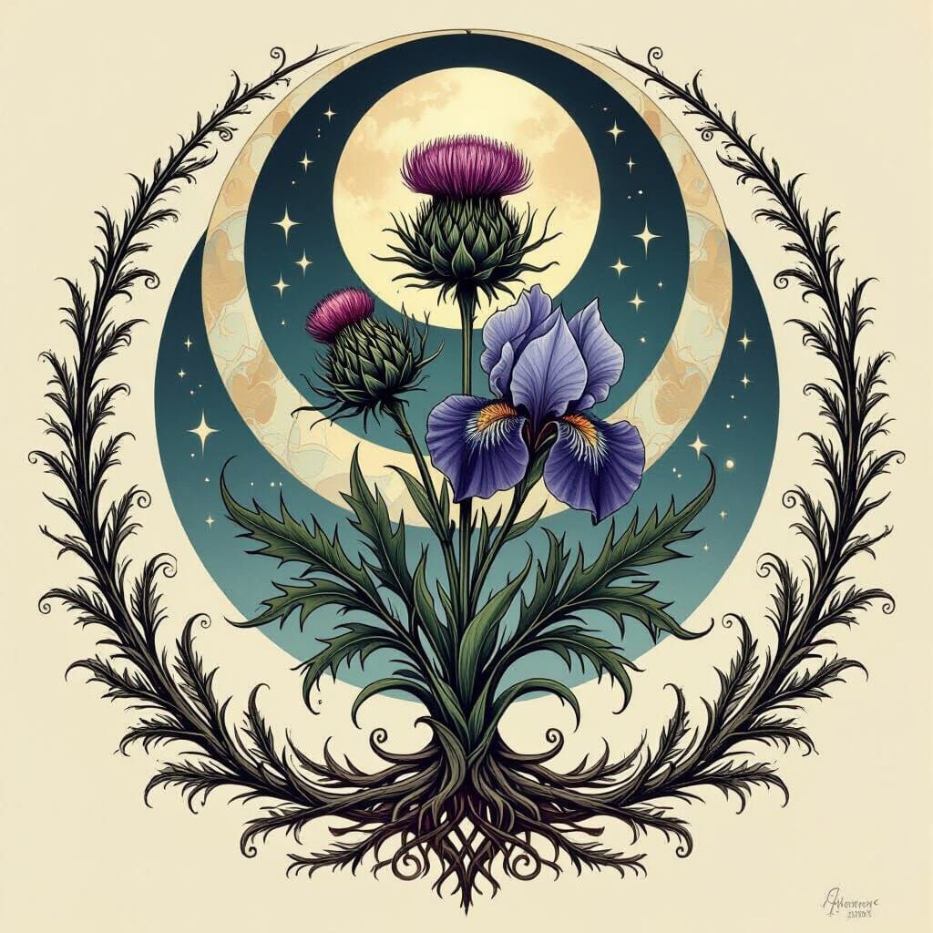 Thistle and Iris Tattoo Art with Moon Phases