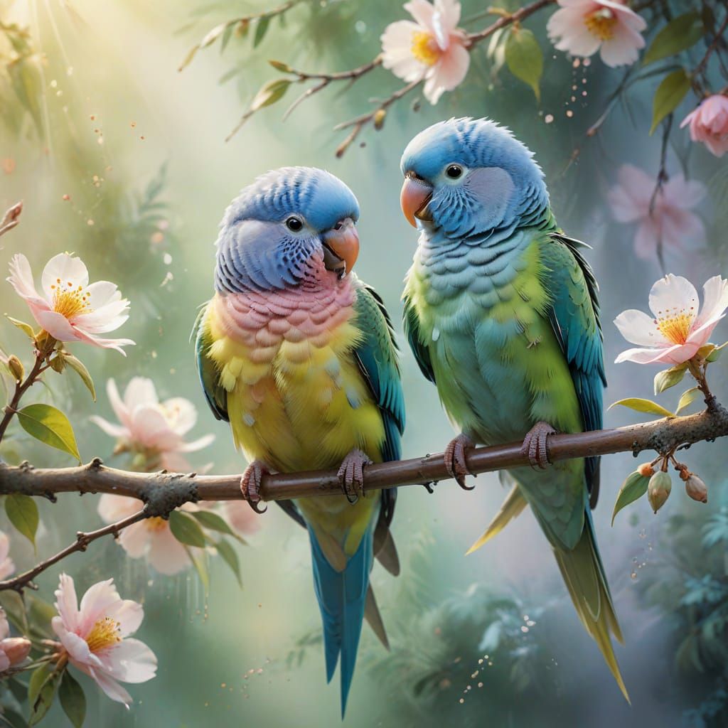 Pastel Parakeets on Branch in Watercolor Style