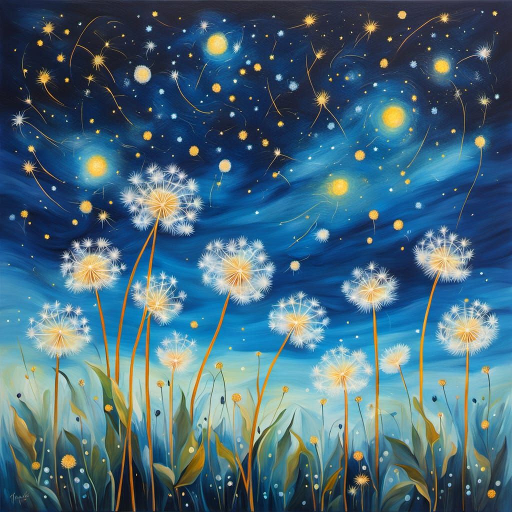 Whimsical Nighttime Dandelions in Ethereal Glow