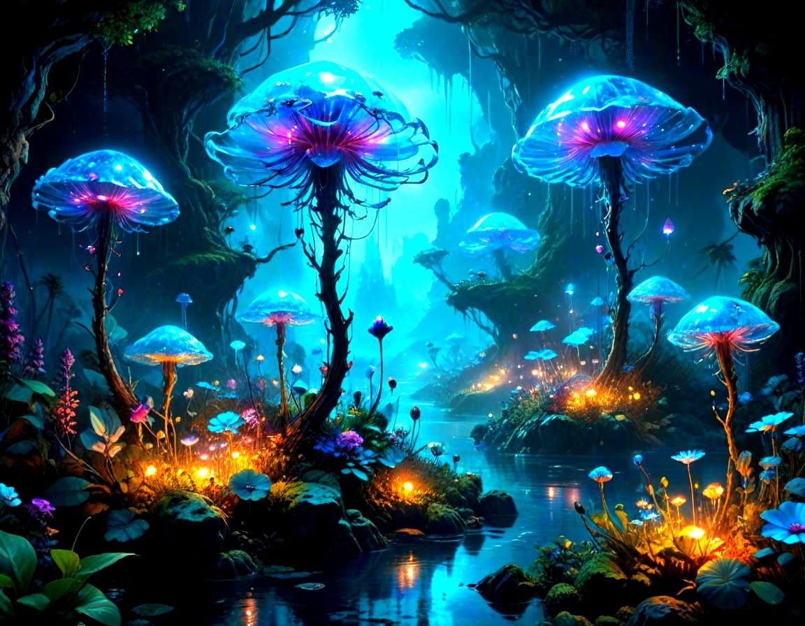 Bioluminescent Garden with Floating Islands in Surreal Style