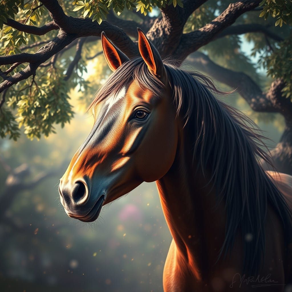 Hyperrealistic Horse Under Majestic Oak