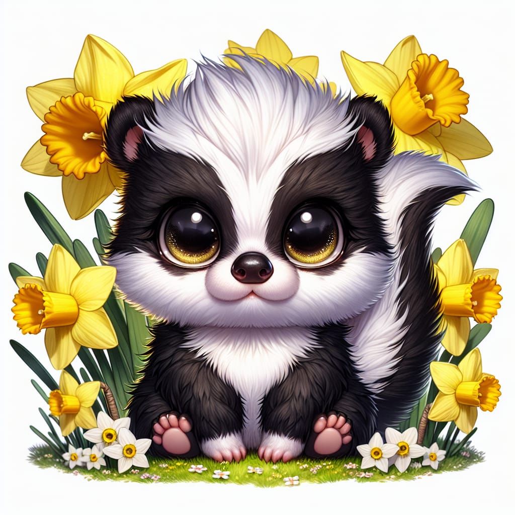 Chibi Skunk in Daffodil Field: Animated Cuteness