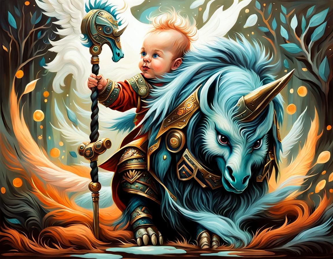 Futuristic Viking Baby Boy and Hippogriff, Tim Burton Style