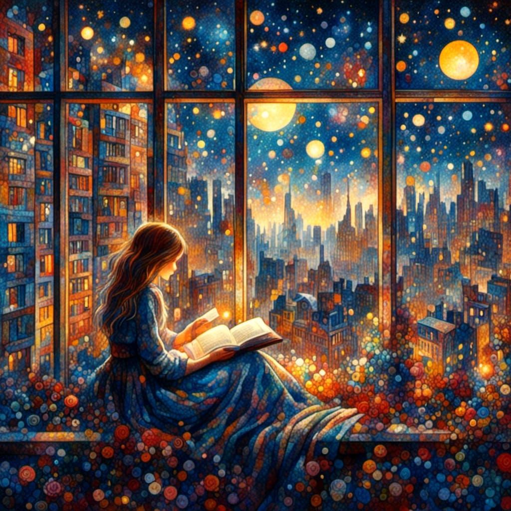 Girl Reading Book in Dadaist Surreal Cityscape