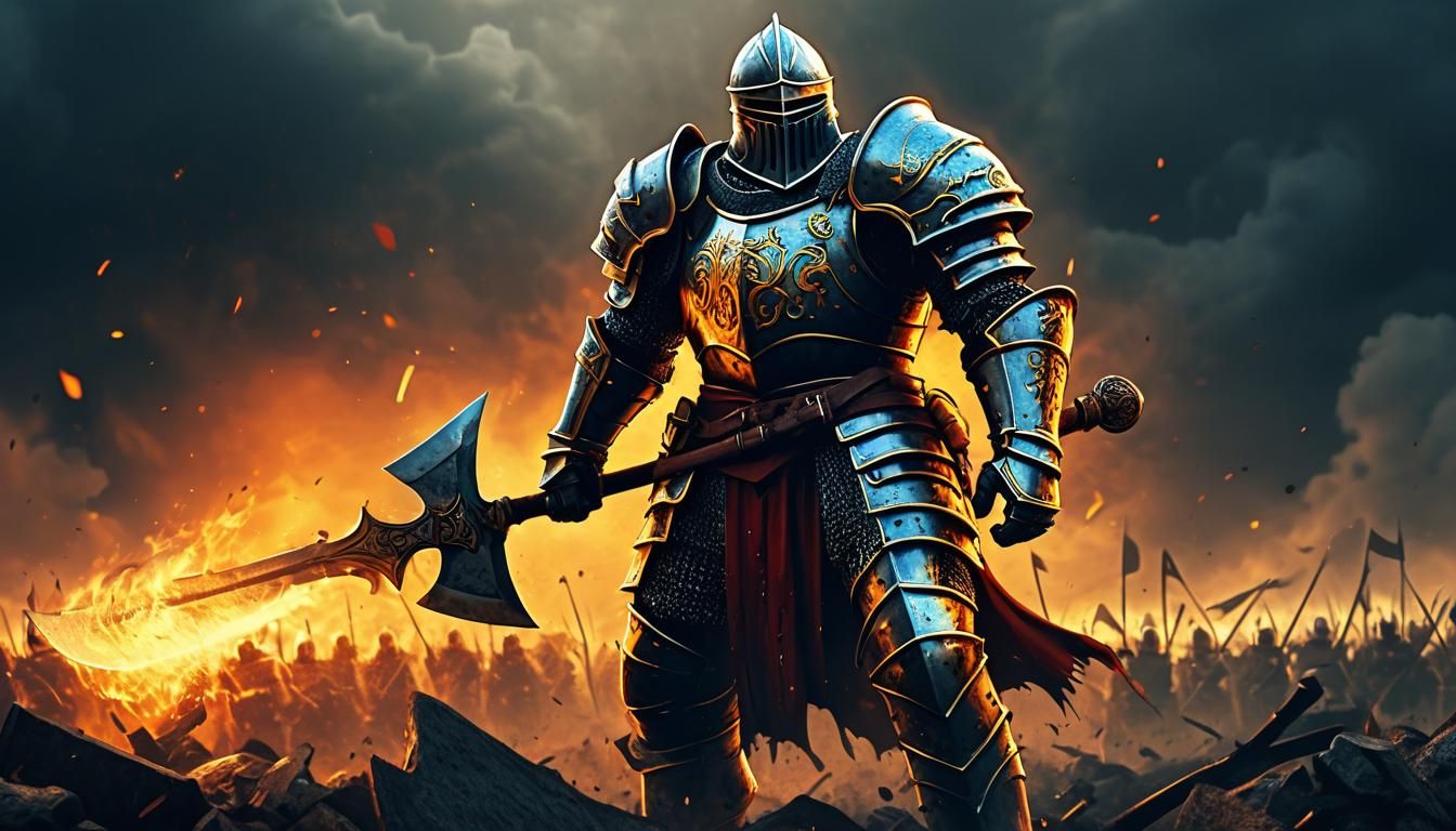 Armored Knight with Battle Axe in Comic Book Style