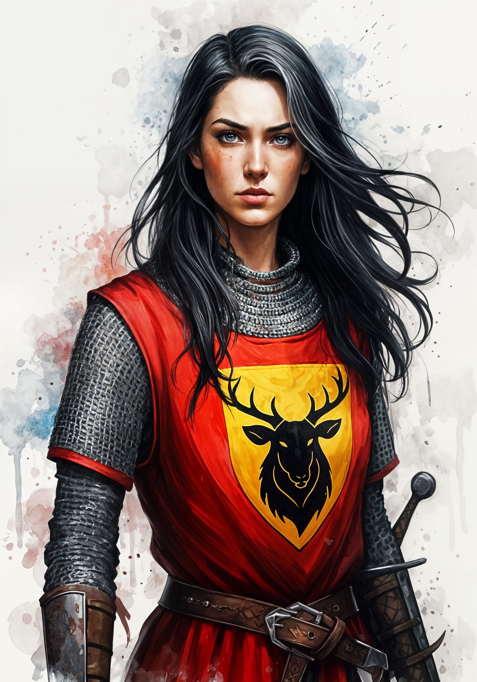 Elegant Fighter in Chain Mail with Stag Emblem