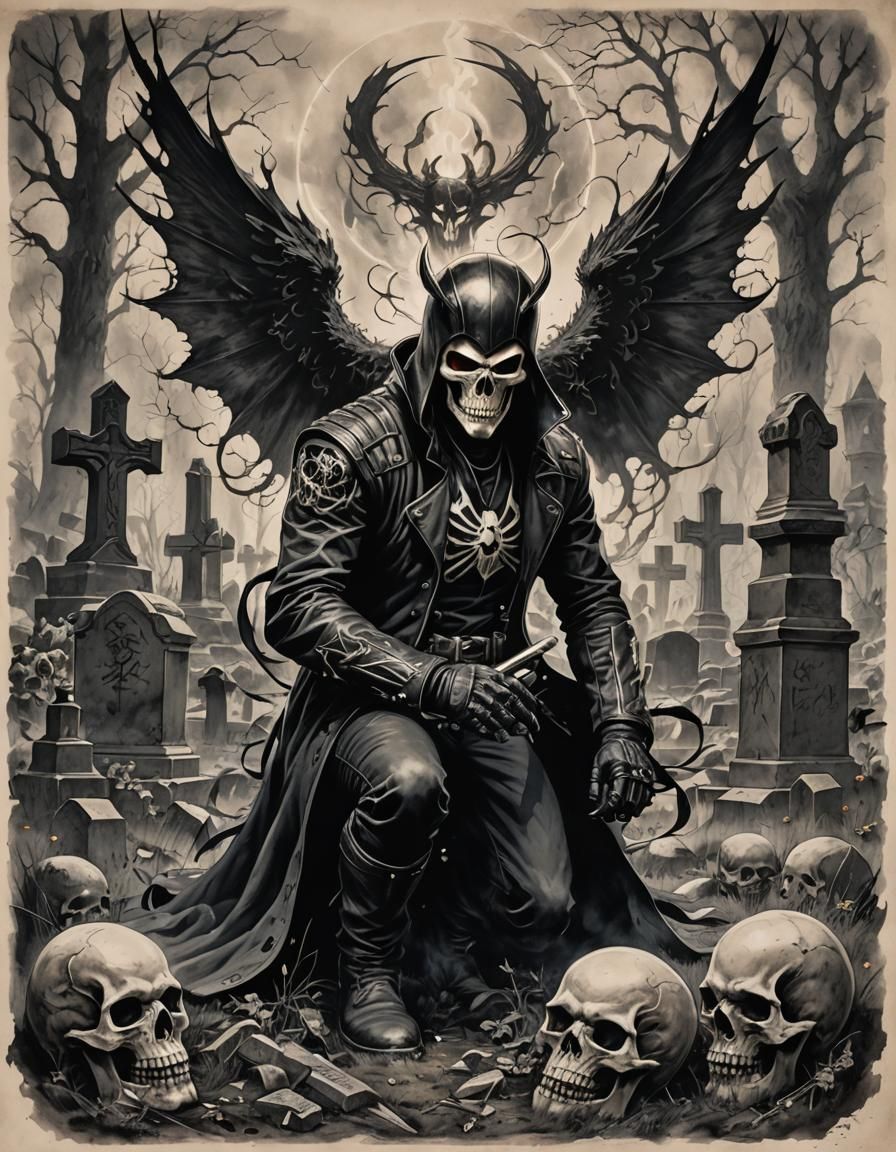 Ghostrider in Graveyard: Moody Ink Portrait
