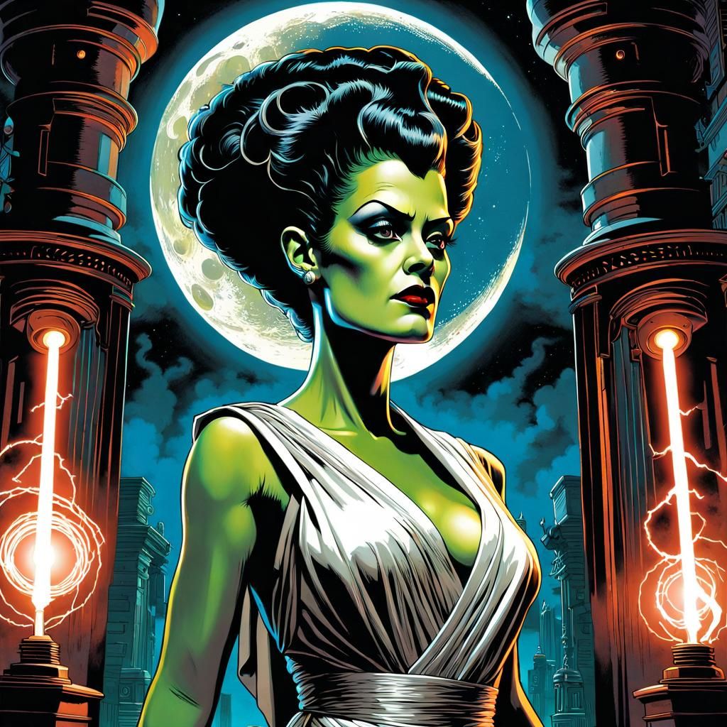 Bride of Frankenstein in Mixed Media Ink Style