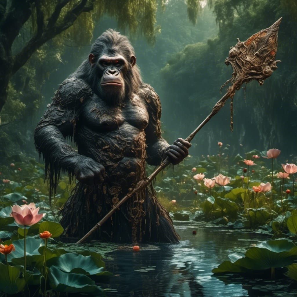 Ape-Fish Hybrid with Trident in Lotus Field