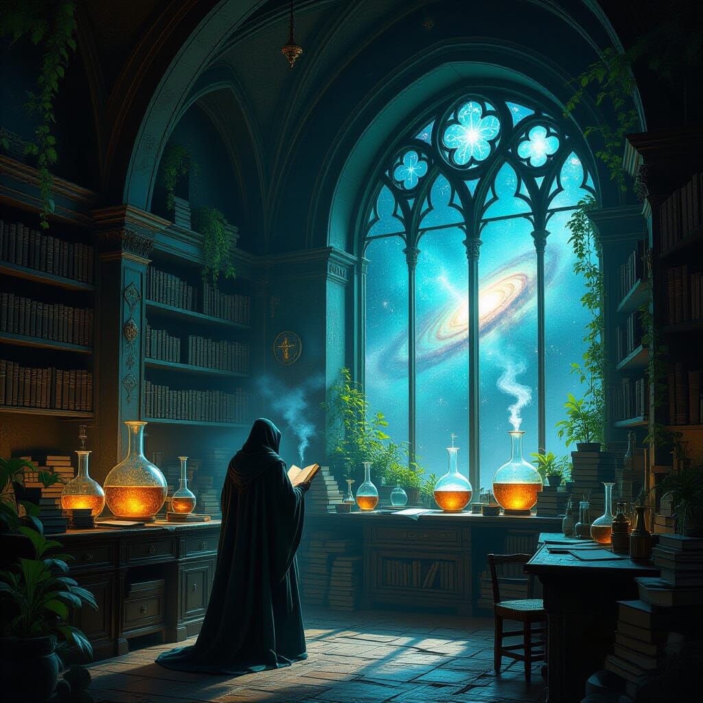 Alchemist's Workshop in Cosmic Glow, Dark Fantasy Style