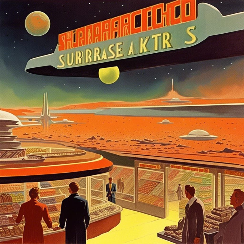 Intergalactic Supermarket on Mars in Retro Sci-Fi Style