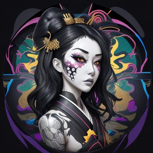 Geisha Portrait in Abstract Vector Fractal Style