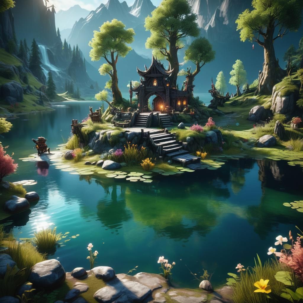 Magical Lake with Fantasy Creatures in 3D