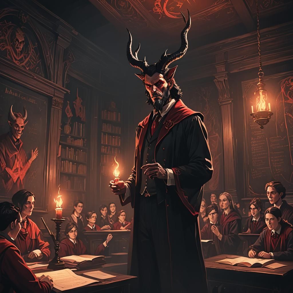 Satanic Teacher in Dark Academia Classroom
