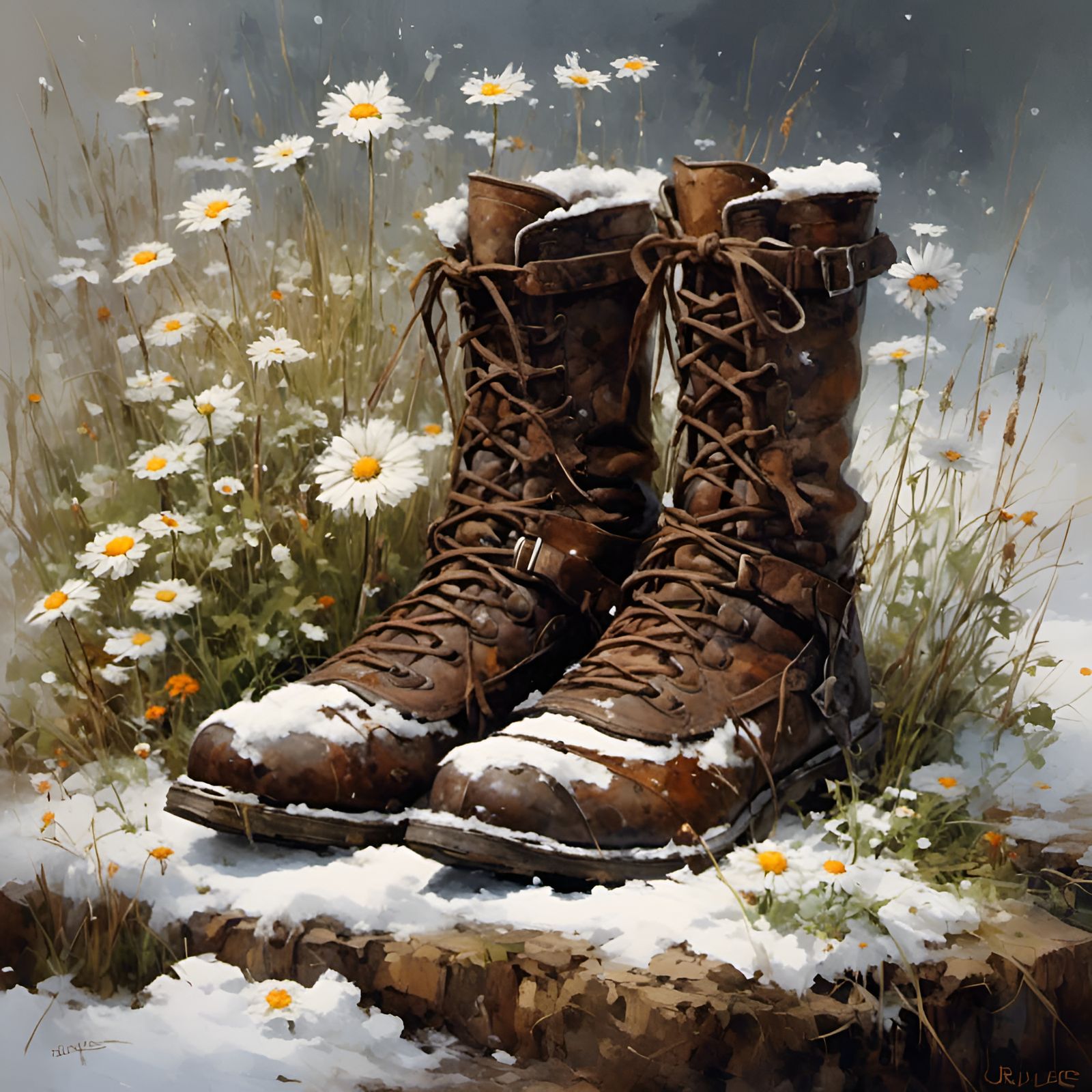 Boots Blooming with Flowers on Snowy Ground