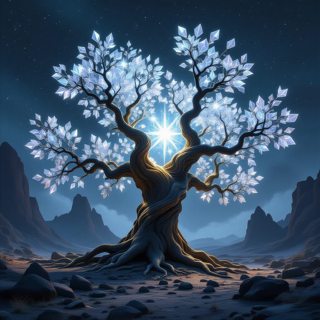 Starlight Tree in Barren Landscape: Dark Fantasy Art