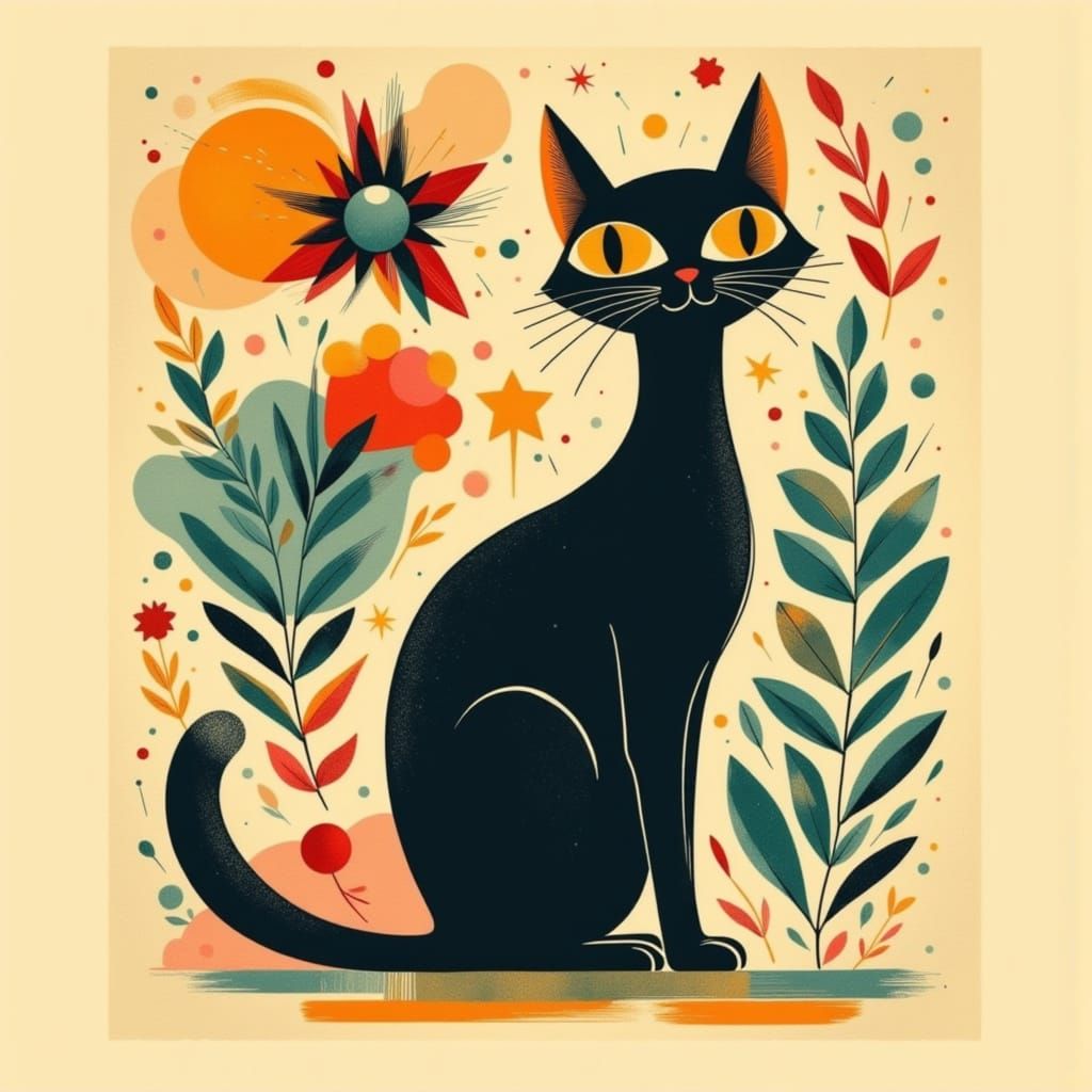 Stylized Black Cat with Yellow Eyes in Vintage Poster Style