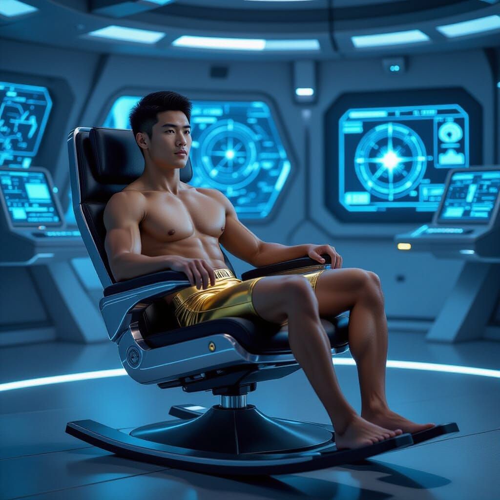 Futuristic Captain Commands Spaceship from Rocking Chair