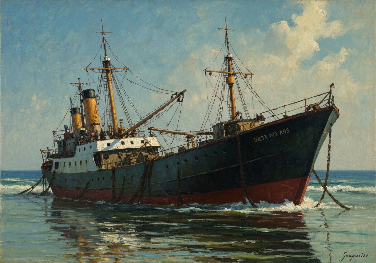 Impressionist Oil Painting of a Cement Ship Washed Ashore