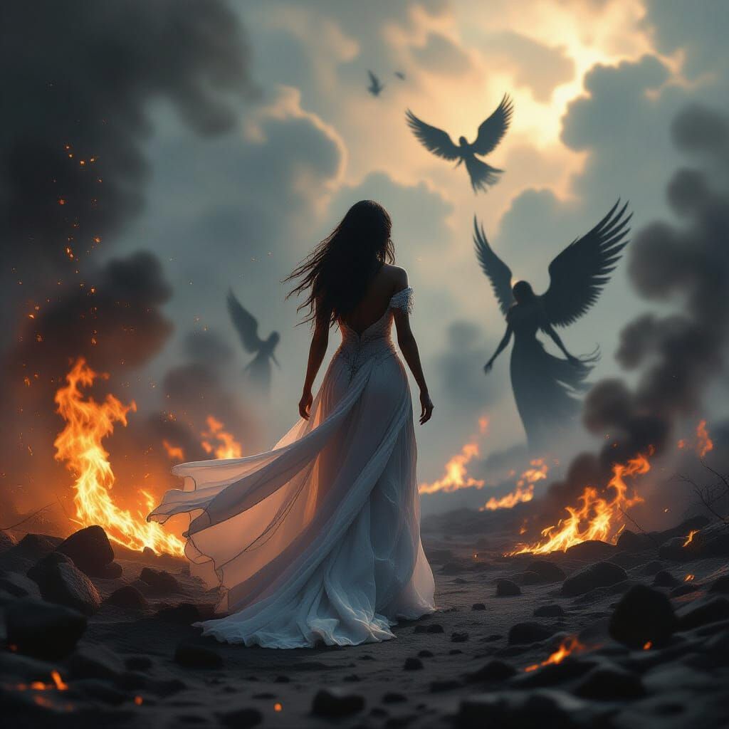 Angels and Demons Clash Amidst Fiery Battlefield