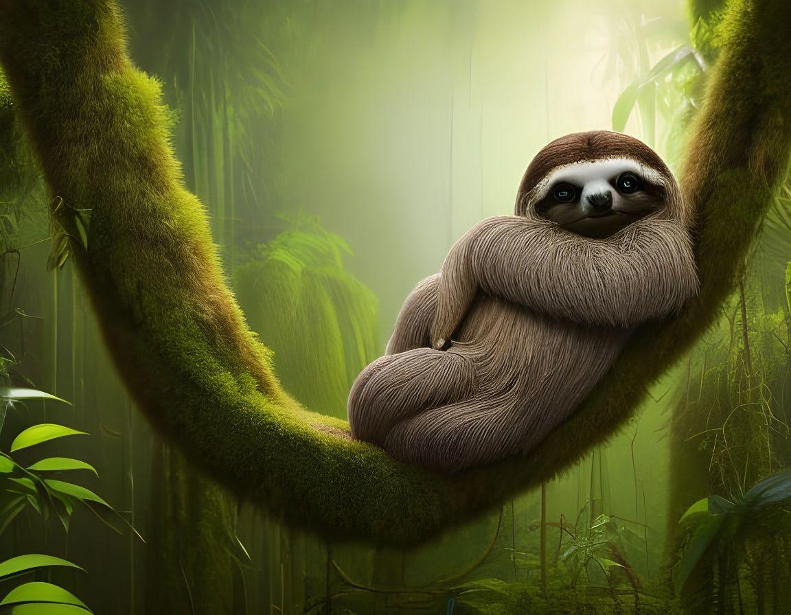 Hyperdetailed Mossy Sloth in Jungle Sunlight