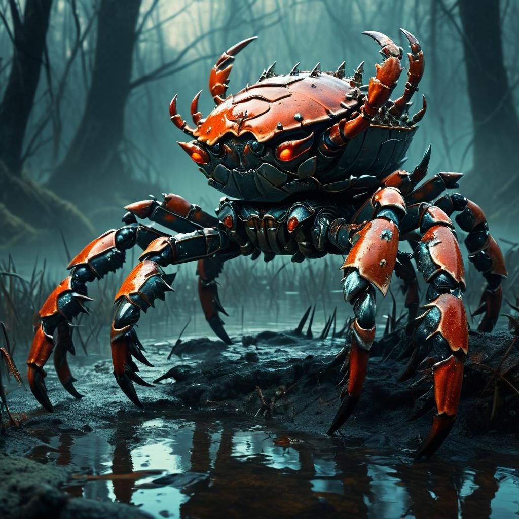 Armored Warrior Crab in Mystical Swamp: Dark Fantasy Art