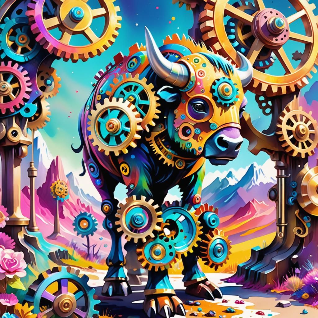 Gear-Buffalo in Whimsical Polychromatic Landscape