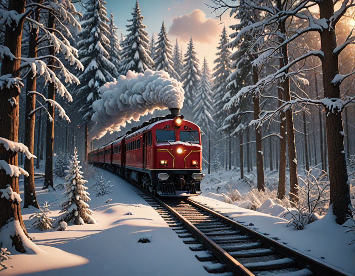 Surreal Christmas Train Speeds by in a Vibrant Winter Wonder...
