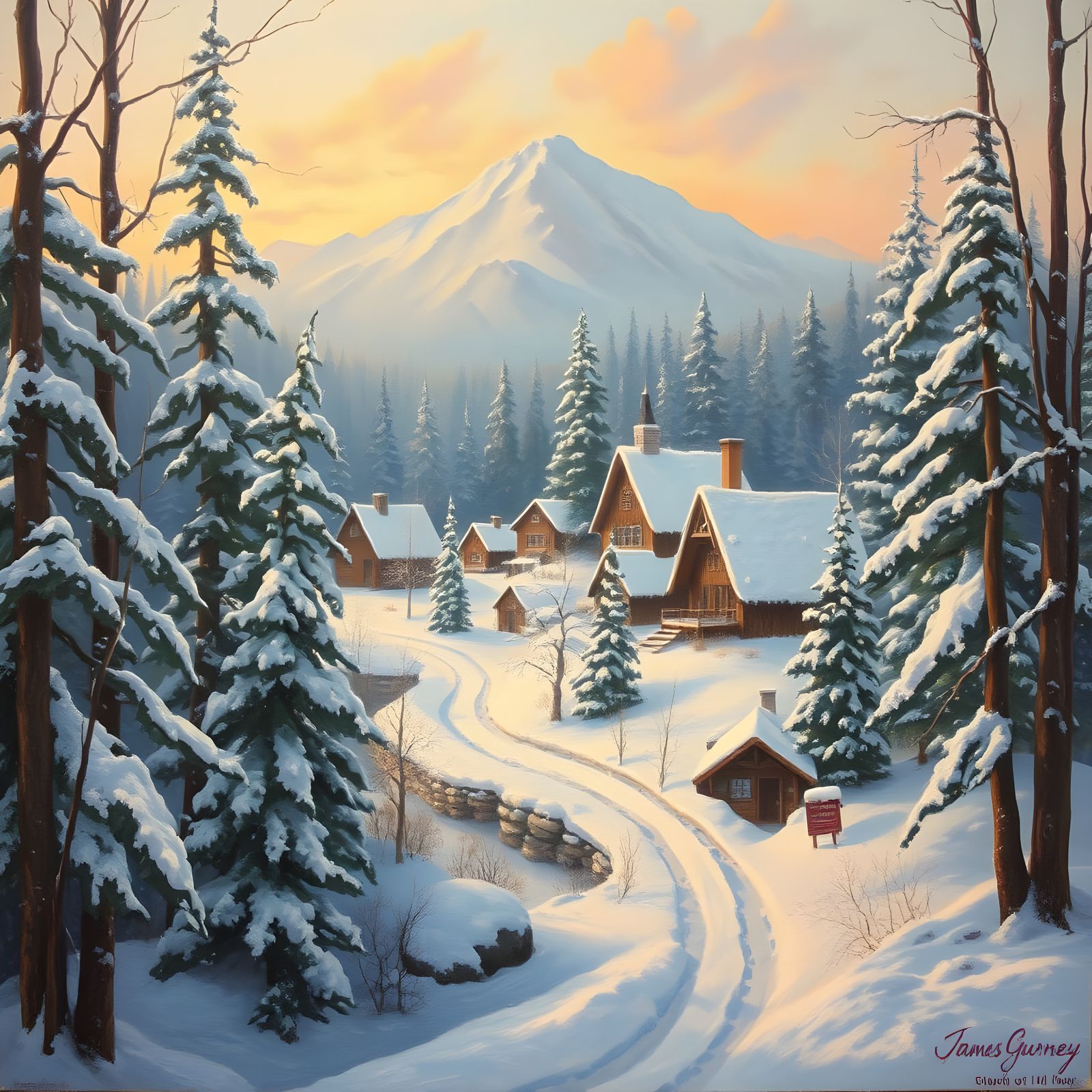 Snowy Village in Cozy Forest Oil Painting