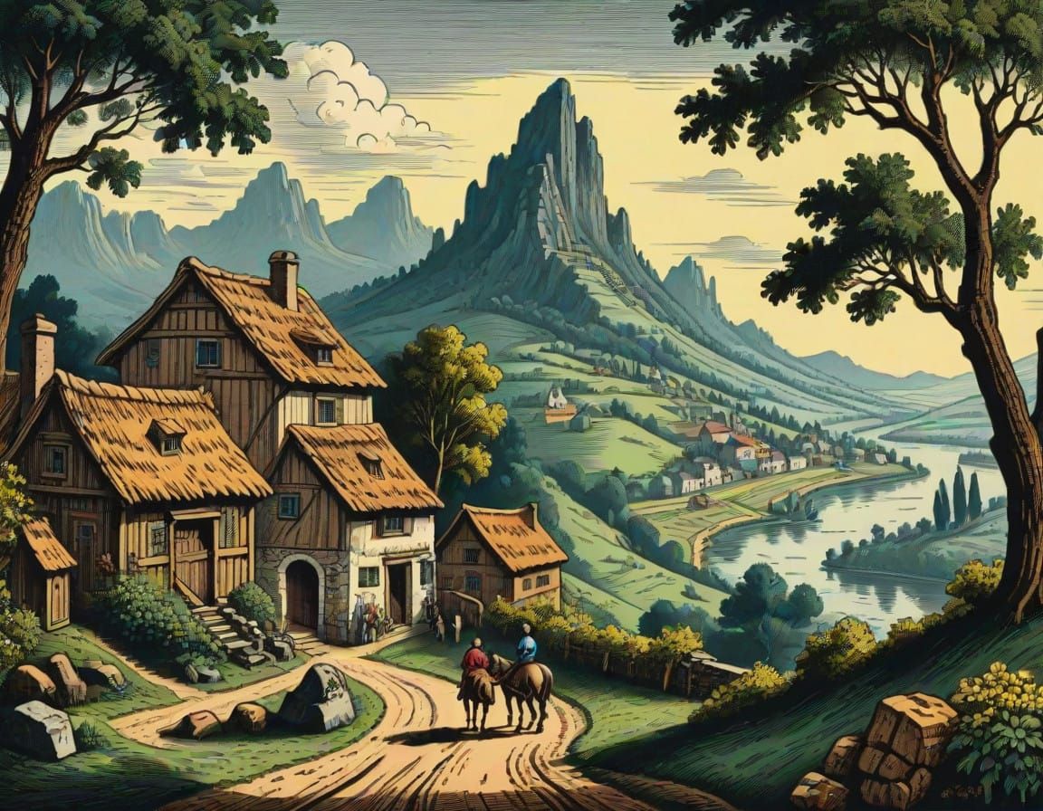 Ancient Village Woodcut in Vibrant Colors