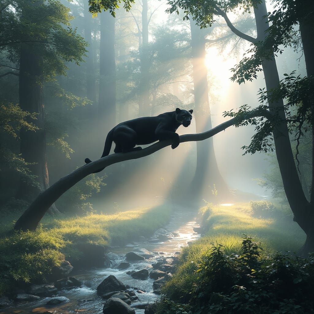 Foggy Forest Morning with Panther in Matte Painting Style