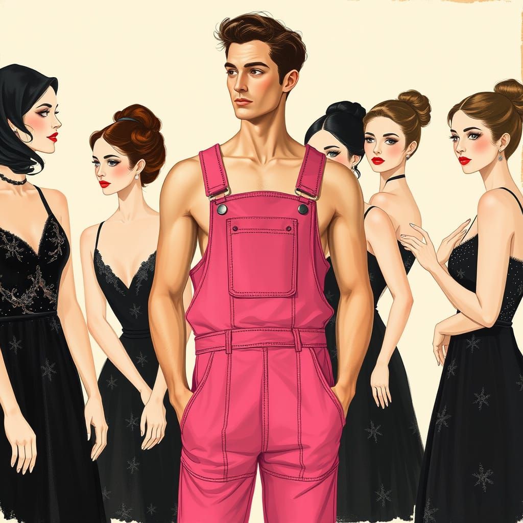 Confident Gentleman in Pink Overall Surrounded by Elegant Wo...