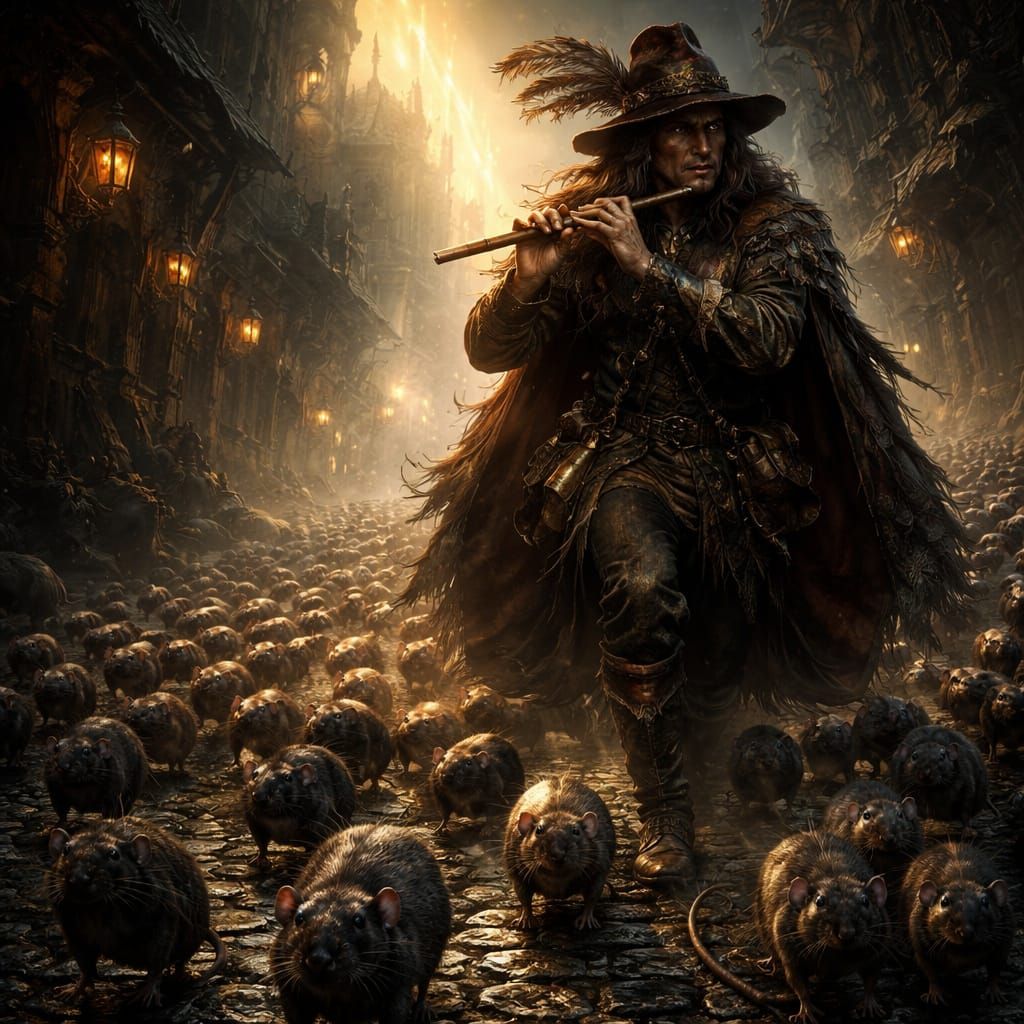 Pied Piper Lures Rats in Dark Art Style