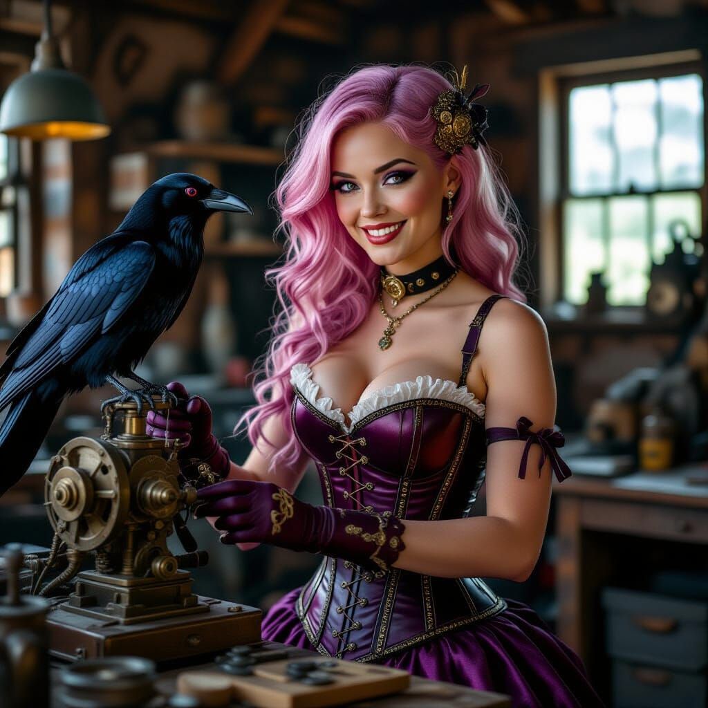 Steampunk Inventor with Raven in Workshop