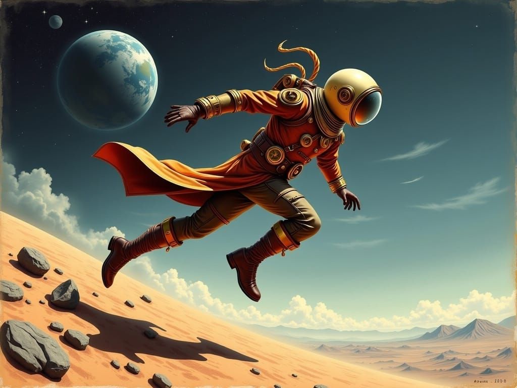 Steampunk Astronaut's Lunar Long Jump in Gouache Style