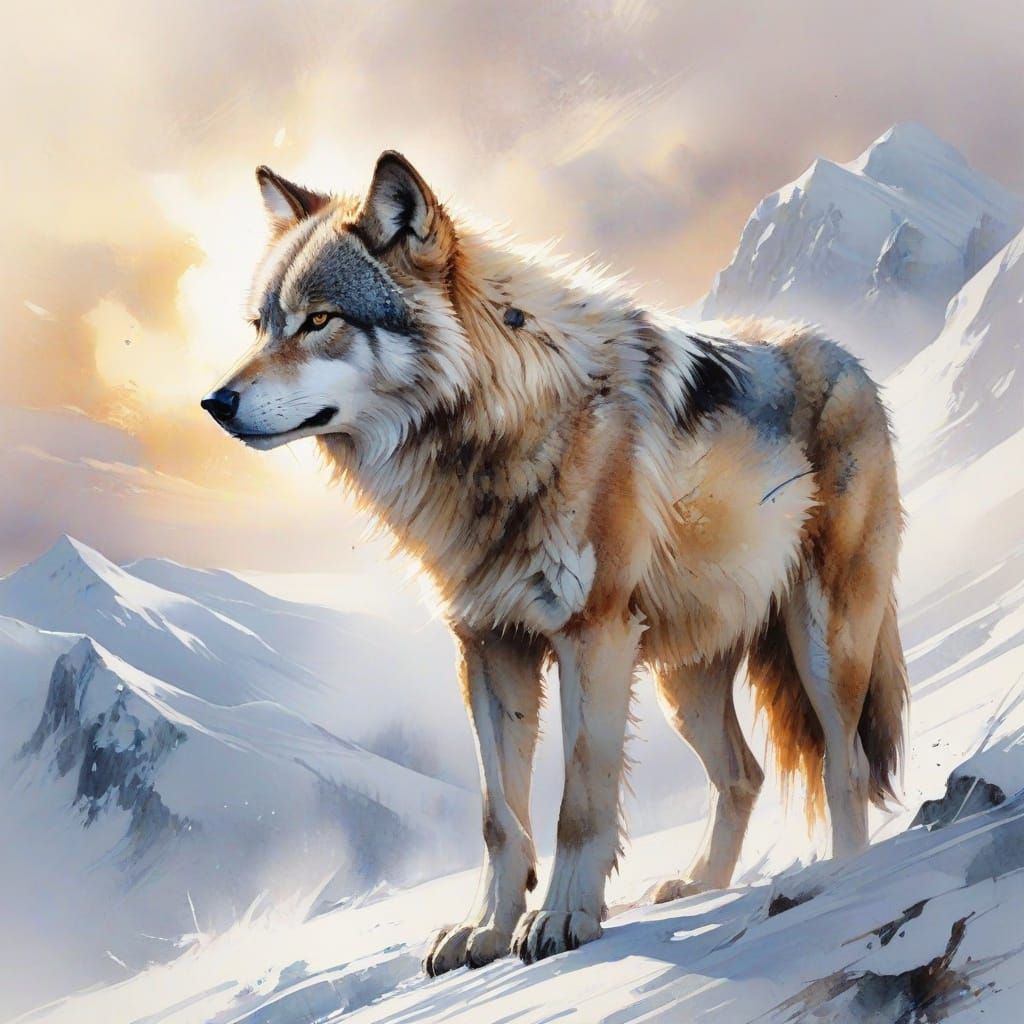 Wolf on Snowy Ridge in Watercolor Style